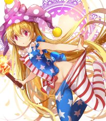Rule 34 | 1girl, absurdly long hair, american flag dress, american flag legwear, bare arms, blonde hair, clothes pull, clownpiece, dress, efe, fairy wings, groin, hair between eyes, hat, jester cap, long hair, no panties, pantyhose, pantyhose pull, pink eyes, pulled by self, purple hat, solo, striped clothes, striped dress, striped pantyhose, torch, touhou, very long hair, wings