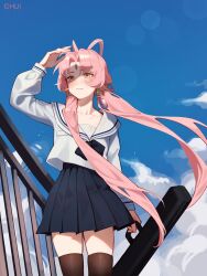 Rule 34 | 1girl, bare shoulders, blue sky, bow-shaped hair, chui art, cloud, contemporary, forehead jewel, fu xuan (honkai: star rail), highres, honkai: star rail, honkai (series), long hair, looking at viewer, low twintails, pink hair, pleated skirt, school uniform, skirt, sky, solo, twintails, very long hair, yellow eyes