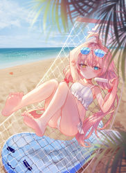 Rule 34 | 1girl, ahoge, bare legs, barefoot, bikini, blue archive, blue eyes, breasts, day, eyewear on head, fang, food, frilled bikini, frills, full body, hair between eyes, hair ornament, halo, hammock, heterochromia, highres, hoshino (blue archive), hoshino (swimsuit) (blue archive), inflatable toy, inflatable whale, long hair, looking at viewer, low twintails, lying, on back, orange eyes, outdoors, pink hair, popsicle, salu627, skin fang, small breasts, smile, solo, sunglasses, swimsuit, twintails, white bikini