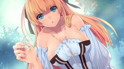 Rule 34 | 1girl, :o, bare shoulders, blonde hair, blue eyes, breasts, collarbone, cross, cross necklace, detached sleeves, dress, eyebrows, game cg, janne la pucelle, jewelry, large breasts, long hair, looking at viewer, necklace, outdoors, parted lips, pov, sagara riri, solo, tokeidai no jeanne: jeanne &agrave; la tour d&#039;horloge, upper body, white dress