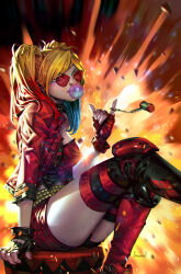 Rule 34 | 1girl, artist name, asymmetrical gloves, black gloves, blonde hair, blue hair, blowing bubbles, commentary, corset, cropped jacket, dc comics, english commentary, explosion, fingerless gloves, gloves, harley quinn, highres, jacket, kael ngu, knee pads, looking at viewer, medium hair, multicolored hair, open clothes, open jacket, red corset, red gloves, red hair, red jacket, red shorts, short shorts, short twintails, shorts, sitting, solo, sunglasses, thighhighs, twintails
