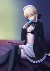 Rule 34 | absurdres, apron, artoria pendragon (all), artoria pendragon (alter swimsuit rider) (second ascension) (fate), artoria pendragon (fate), bed sheet, black bra, black jacket, black ribbon, black thighhighs, blonde hair, bra, breasts, brown skirt, choker, cleavage, crossed legs, fate/stay night, fate (series), food, frilled apron, frilled bra, frilled skirt, frills, gun, hair between eyes, hair ribbon, highres, holding, holding food, ice cream, indoors, jacket, looking at viewer, maid, maid headdress, miniskirt, mishiro (ixtlolton), open clothes, open jacket, ribbon, saber alter, short hair, sitting, skirt, small breasts, solo, thighhighs, underwear, unzipped, weapon, white apron, yellow eyes