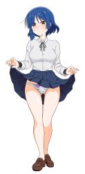 Rule 34 | 1girl, absurdres, blue hair, blue skirt, blush, bocchi the rock!, breasts, brown footwear, closed mouth, clothes lift, collared shirt, eyebrows hidden by hair, full body, gluteal fold, groin, hair over eyes, highres, lifted by self, looking at viewer, medium breasts, panties, school uniform, shirt, short hair, simple background, skirt, skirt lift, solo, thigh gap, underwear, usazirou539, white background, white panties, white shirt, yamada ryo, yellow eyes