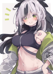 Rule 34 | 1girl, bare shoulders, beni shake, black hair, blush, closed mouth, commentary request, eyes visible through hair, fate/grand order, fate (series), green eyes, grey background, grey hair, grey jacket, groin, hair over one eye, jacket, long hair, looking at viewer, multicolored hair, nagao kagetora (fate), navel, notice lines, off shoulder, open clothes, open jacket, signature, smile, solo, streaked hair, two-tone background, very long hair, white background