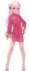 Rule 34 | 1girl, china dress, chinese clothes, commentary request, dark-skinned female, dark skin, dress, e (eokiba), flat chest, full body, gold trim, grey eyes, hair bun, highres, long hair, long sleeves, looking at viewer, original, pink hair, red dress, side slit, simple background, smile, solo, white background