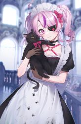 Rule 34 | 1girl, ahoge, alternate costume, apron, belt, black cat, black choker, black dress, black gloves, bow, bowtie, breasts, carrying, carrying under arm, cat, choker, cleavage, dress, enmaided, eyepatch, fishnet gloves, fishnets, frills, gloves, hair bow, hair tie, heart, heart ahoge, highres, looking at viewer, maid, maid apron, maid headdress, mansion, maria marionette, medium hair, multicolored hair, nijisanji, nijisanji en, one eye covered, pink belt, pink bow, pink bowtie, pink hair, puffy short sleeves, puffy sleeves, purple eyes, purple hair, short sleeves, short twintails, skirt, small breasts, smile, solo, streaked hair, twintails, virtual youtuber, vziu, waist apron, white apron