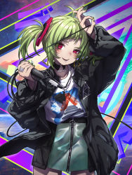 Rule 34 | 1girl, ahoge, arm up, black jacket, cable, chain, chain necklace, choker, collarbone, commentary request, commission, cowboy shot, delruki, delutaya, earrings, earth (planet), fangs, green hair, green nails, green skirt, hand up, highres, holding, holding microphone, ikonavi next, jacket, jewelry, long hair, looking at viewer, microphone, miniskirt, nail polish, necklace, ok sign, open clothes, open jacket, open mouth, outer glow, planet, red eyes, ring, shirt, shirt tucked in, short hair, short twintails, skeb commission, skirt, smile, solo, space, twintails, virtual youtuber, white shirt
