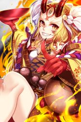 Rule 34 | 1girl, blonde hair, blouse, claws, cup, fate/grand order, fate (series), female focus, fire, gendo0033, grin, holding, holding cup, horns, ibaraki douji (fate), japanese clothes, jewelry, kimono, long hair, looking at viewer, necklace, oni, oni horns, sakazuki, shirt, short kimono, smile, solo, tattoo, white shirt, yellow eyes, yellow kimono