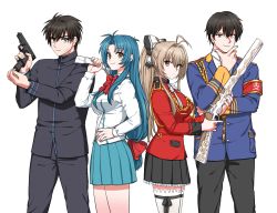 Rule 34 | 2boys, 2girls, aiguillette, amagi brilliant park, antenna hair, armband, bad id, bad pixiv id, black eyes, black hair, black jacket, black pants, black ribbon, black skirt, blazer, blue hair, blue jacket, blue skirt, bow, brown eyes, chidori kaname, closed mouth, creator connection, crossover, epaulettes, facial scar, full metal panic!, gun, hair between eyes, hair bow, hand fan, hand on own hip, handgun, holding, holding gun, holding weapon, jacket, kanie seiya, light brown hair, long hair, looking at viewer, military jacket, miniskirt, multiple boys, multiple girls, pants, paper fan, parted bangs, pleated skirt, ponytail, red bow, red jacket, ribbon, sagara sousuke, saran, scar, scar on cheek, scar on face, school uniform, sento isuzu, simple background, skirt, smile, thighhighs, very long hair, weapon, white background, white bow, white jacket, white legwear, zettai ryouiki