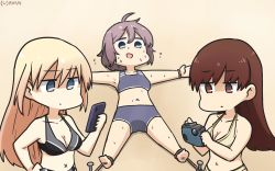 Rule 34 | 3girls, alternate costume, aoba (kancolle), bare arms, bare legs, bare shoulders, bikini, bismarck (kancolle), blonde hair, blue eyes, bound, breasts, brown eyes, brown hair, camera, cellphone, cleavage, commentary request, dated, from above, from side, hamu koutarou, highres, kantai collection, large breasts, long hair, looking down, lying, medium breasts, messy hair, midriff, multiple girls, navel, on back, one-hour drawing challenge, ooi (kancolle), open mouth, outdoors, phone, ponytail, purple hair, sand, scrunchie, shaded face, signature, smartphone, swimsuit, tied up (nonsexual), x navel