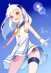 Rule 34 | 10s, 1girl, :d, abyssal ship, ahoge, alternate costume, commentary request, dress, gloves, hairband, kantai collection, koruta (nekoimo), light persona, long hair, looking at viewer, northern ocean princess, open mouth, pale skin, panties, red eyes, school uniform, serafuku, side-tie panties, smile, solo, underwear, white dress, white gloves, white hair