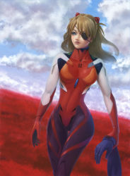Rule 34 | 00s, 10s, 1girl, arm up, blue eyes, bodysuit, bracer, breasts, breasts apart, brown hair, closed mouth, cloud, cloudy sky, covered collarbone, cowboy shot, day, dutch angle, evangelion: 2.0 you can (not) advance, evangelion: 3.0 you can (not) redo, eyepatch, floating hair, gloves, headgear, holding another&#039;s wrist, lcl, legs together, lips, long hair, looking to the side, medium breasts, minari (miserariman), narrow waist, neon genesis evangelion, out of frame, outdoors, parted bangs, pilot suit, plugsuit, rebuild of evangelion, sea of blood, skin tight, sky, solo focus, souryuu asuka langley, standing, thigh gap, turtleneck, two side up