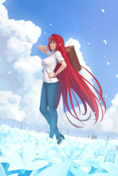 Rule 34 | 1girl, absurdres, aozaki aoko, blue eyes, breasts, cloud, cloudy sky, denim, floating hair, flower, full body, hair intakes, highres, jeans, large breasts, long hair, melty blood, melty blood: type lumina, outdoors, pants, quatthro, red hair, shirt, short hair, sky, suitcase, t-shirt, tsukihime, tsukihime (remake), very long hair, white shirt