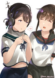 Rule 34 | 2girls, :d, ^ ^, arms behind back, bad id, bad pixiv id, black hair, black skirt, blue ribbon, blush stickers, brown hair, closed eyes, commentary request, cosplay, folded ponytail, fubuki (kancolle), fubuki (kancolle) (cosplay), fubuki kai ni (kancolle), hair ribbon, headphones, heart, juurouta, kantai collection, kasuga maru (kancolle), long hair, looking at another, low ponytail, midriff, multiple girls, navel, open mouth, pleated skirt, ribbon, scarf, school uniform, serafuku, short sleeves, sidelocks, signature, simple background, skirt, smile, spoken heart, taiyou (kancolle), twitter username, white background