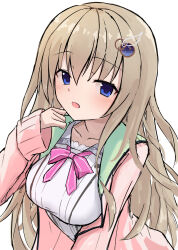 Rule 34 | 1girl, 9-nine-, absurdres, blue eyes, blush, breasts, cardigan, collarbone, commentary, eyes visible through hair, gear hair ornament, hair between eyes, hand up, highres, kujou miyako, large breasts, light brown hair, long hair, looking at viewer, neck ribbon, open cardigan, open clothes, open mouth, pink cardigan, pink ribbon, ribbon, school uniform, shirt, simple background, sketch, sleeves past wrists, solo, star (symbol), takoyaki032002, very long hair, white background, white shirt, wing hair ornament