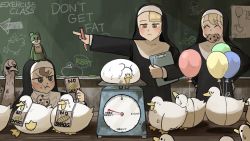 Rule 34 | &gt; &lt;, 3girls, ^ ^, arrow (symbol), balloon, bird, blonde hair, brown hair, chalk, chalkboard, clipboard, closed eyes, clumsy nun (diva), commentary, cookie, crying, diva (hyxpk), doll, duck, eating, english commentary, english text, food, food in mouth, froggy nun (diva), frown, habit, hand on own hip, highres, holding, holding clipboard, jitome, little nuns (diva), multiple girls, nun, object on head, ostrich, pointing, poster (object), sign, spicy nun (diva), surprised, sweatdrop, traditional nun, weighing scale