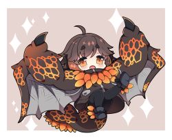 Rule 34 | 1girl, :d, ahoge, bazelgeuse, black footwear, blush, brown background, brown hair, brown jacket, chibi, commentary request, dragon girl, dragon horns, dragon tail, full body, grey wings, hair between eyes, highres, horns, jacket, milkpanda, monster hunter (series), open mouth, orange eyes, pantyhose, personification, shoe soles, shoes, short eyebrows, smile, solo, sparkle, tail, thick eyebrows, two-tone background, white background, wings