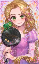 Rule 34 | 1girl, animal, aqua flower, blonde hair, breasts, chameleon, closed mouth, collarbone, colorful, copyright name, cross-laced clothes, disney, dress, earrings, emoji, eyelashes, facepaint, floating hair, floral print, flower, flower earrings, frying pan, green eyes, heart, highres, holding, holding frying pan, jewelry, juliet sleeves, lace, lace-trimmed dress, lace trim, lantern, light blush, long hair, long sleeves, looking at viewer, micha, multicolored background, orange flower, paper lantern, pascal (tangled), puffy sleeves, purple background, purple dress, purple flower, rapunzel (disney), red flower, simple background, small breasts, smile, solo, sparkling eyes, striped, striped sleeves, tangled, tareme, very long hair, white flower