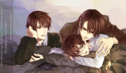 Rule 34 | 3boys, age difference, bed, bed sheet, book, brown hair, dual persona, english text, formal, furayu (flayu), glasses, green eyes, harry potter, harry potter (series), jewelry, locket, lying, male focus, medal, medallion, multiple boys, multiple persona, necklace, numeri (pixiv), open mouth, pendant, pillow, red eyes, school uniform, shirt, short hair, suit, sweat, tom marvolo riddle, uniform, white shirt, wizard, wizarding world, yaoi