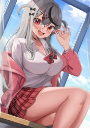 Rule 34 | 1girl, 9696k, absurdres, adjusting eyewear, bespectacled, black hair, blush, bow, bowtie, breasts, choker, classroom, cleavage, collarbone, collared shirt, day, fang, glasses, grey hair, hair ornament, hairclip, heart, heart choker, highres, hololive, indoors, large breasts, long hair, long sleeves, looking at viewer, multicolored hair, open mouth, pleated skirt, red-framed eyewear, red bow, red bowtie, red eyes, red skirt, sakamata chloe, shirt, sitting, skirt, smile, solo, virtual youtuber, white footwear