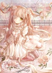Rule 34 | 1girl, blonde hair, boots, dress, eyepatch, flower, highres, kirakishou, lolita fashion, long hair, plant, puracotte, rose, rozen maiden, scissors, seiza, sitting, solo, thigh boots, thighhighs, thorns, two side up, very long hair, vines, yellow eyes