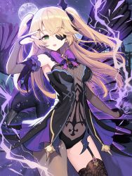 Rule 34 | 1girl, animal, arm up, armpits, bare shoulders, bird, black dress, black gloves, black nails, blonde hair, bow, bowtie, breasts, bridal gauntlets, brown thighhighs, cowboy shot, crow, dress, eyepatch, fischl (genshin impact), full moon, garter straps, genshin impact, gloves, green eyes, hair over one eye, highres, kyundoo, lightning, long hair, looking at viewer, medium breasts, moon, nail polish, night, open mouth, oz (genshin impact), single glove, single leg pantyhose, single thighhigh, thighhighs, thighs, two side up