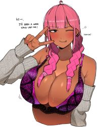 Rule 34 | 1girl, blush, bra, breasts, cleavage, commentary, dark-skinned female, dark skin, detached sleeves, english text, large breasts, long hair, looking at viewer, ohasi, original, pink (ohasi), simple background, solo, symbol-only commentary, underwear, white background