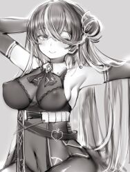 Rule 34 | 1girl, absurdres, arm behind head, arm up, armpits, belt, cleavage, covered erect nipples, elbow gloves, gloves, greyscale, hair bun, highres, hololive, houshou marine, houshou marine (marching band), light blush, looking at viewer, monochrome, nanashi (nlo), navel, outstretched arm, see-through, see-through cleavage, simple background, single side bun, smile, solo, virtual youtuber