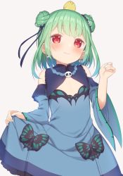 Rule 34 | 1girl, animal, animal on head, bare shoulders, bird, blue bow, blue dress, blue sleeves, blush, bow, chick, closed mouth, detached sleeves, double bun, dress, earrings, green hair, grey background, hair bow, hair bun, hair ornament, hand up, highres, hololive, jewelry, juliet sleeves, long sleeves, muku (muku-coffee), on head, puffy sleeves, red eyes, simple background, skirt hold, skull earrings, skull hair ornament, sleeveless, sleeveless dress, smile, solo, uruha rushia, uruha rushia (1st costume), virtual youtuber, wide sleeves