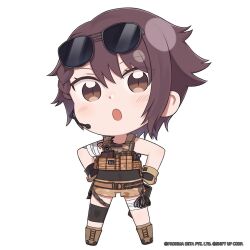 Rule 34 | 1girl, arm tattoo, bandaged arm, bandaged leg, bandages, belt, boots, braid, brown belt, brown eyes, brown footwear, brown gloves, brown hair, camouflage, camouflage shorts, chibi, commentary, delta (nikke), english commentary, eyewear on head, fingerless gloves, full body, gloves, goddess of victory: nikke, hair between eyes, hands on own hips, headset, highres, holster, light blush, looking at viewer, official art, open mouth, short shorts, shorts, single braid, solo, standing, sunglasses, tattoo, totatokeke
