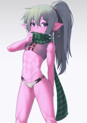 Rule 34 | 1girl, abs, blush, bow, braid, closed mouth, colored skin, commentary, commission, earrings, green hair, green scarf, grey bow, hair between eyes, hair tie, hand up, highres, holding, holding clothes, holding scarf, jewelry, knees, looking at viewer, muscular, muscular female, navel, original, plaid, plaid scarf, pointy ears, ponytail, purple eyes, putcher, scarf, solo, underwear