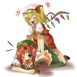 Rule 34 | 2girls, ^ ^, ascot, beret, blonde hair, bow, braid, china dress, chinese clothes, closed eyes, dress, embodiment of scarlet devil, fangs, female focus, flandre scarlet, girl on top, hat, hong meiling, kiji (manekinuko-tei), mob cap, multiple girls, red hair, side ponytail, star (symbol), touhou, twin braids, wince, wings