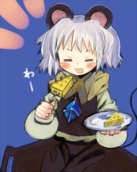 Rule 34 | 1girl, :3, = =, animal ears, bad id, bad pixiv id, blush stickers, cheese, female focus, food, fork, grey hair, jewelry, mouse ears, mouse tail, nazrin, pendant, plate, shippoto, solo, tail, touhou, white hair