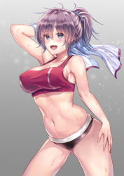 Rule 34 | 1girl, aoba (kancolle), blue eyes, breasts, covered erect nipples, cowboy shot, kantai collection, large breasts, looking at viewer, navel, purple hair, simple background, skindentation, solo, sports bra, sportswear, stomach, sweat, tama satou, towel