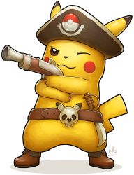 Rule 34 | absurdres, belt, blush stickers, brown eyes, brown footwear, closed mouth, commentary, creature, creatures (company), english commentary, full body, game freak, gen 1 pokemon, gun, hat, highres, holding, holding gun, holding weapon, nintendo, no humans, one eye closed, pikachu, pirate, pirate hat, pokemon, pokemon (creature), ry-spirit, shoes, signature, smile, solo, standing, sword, transparent background, weapon