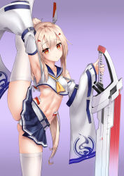Rule 34 | 1girl, absurdres, arm up, armpits, ascot, ass, ayanami (azur lane), azur lane, bandaid, bandaid on arm, belt, breasts, collarbone, commentary request, detached sleeves, gluteal fold, gradient background, hair between eyes, hair ornament, hairclip, head tilt, headgear, highres, holding, holding sword, holding weapon, hryeon, leg up, long hair, looking at viewer, midriff, navel, orange eyes, panties, pantyshot, pleated skirt, ponytail, retrofit (azur lane), revision, ribbon-trimmed sleeves, ribbon trim, school uniform, serafuku, silver hair, simple background, skindentation, skirt, solo, split, standing, standing on one leg, standing split, sword, thighhighs, thighs, underboob, underwear, weapon, white panties, white thighhighs, wide sleeves, zettai ryouiki