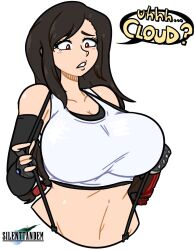 Rule 34 | 1girl, absurdres, adjusting clothes, arm guards, artist name, asymmetrical clothes, breasts, brown hair, clenched teeth, collarbone, commentary, crop top, cropped torso, english commentary, english text, female focus, final fantasy, final fantasy vii, final fantasy vii remake, fingerless gloves, gloves, highres, huge breasts, logo, long hair, looking down, low-tied long hair, midriff, navel, red eyes, shirt, silenttandem, solo, speech bubble, sports bra, square enix, suspenders, swept bangs, teeth, tifa lockhart, white shirt