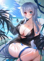 Rule 34 | 1girl, absurdres, animal ears, beach umbrella, bikini, black bikini, black jacket, blue eyes, blue hair, blue sky, blunt bangs, blush, breasts, cat ears, cleavage, closed mouth, collarbone, commentary request, day, fang, final fantasy, final fantasy xiv, heterochromia, highres, jacket, large breasts, long hair, looking at viewer, mountainous horizon, ocean, off-shoulder jacket, off shoulder, outdoors, red eyes, sidelocks, sitting, skin fang, sky, smile, solo, swimsuit, tansuan (ensj3875), thigh strap, thighs, umbrella