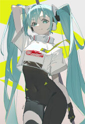 Rule 34 | 1girl, aqua eyes, aqua hair, asymmetrical legwear, black gloves, black thighhighs, breasts, closed mouth, covered navel, cowboy shot, crop top, from below, gloves, groin, hatsune miku, highres, looking at viewer, mmj, narrow waist, racing miku, racing miku (2022), short sleeves, small breasts, smile, thigh gap, thighhighs, twintails, vocaloid, white background, yellow background
