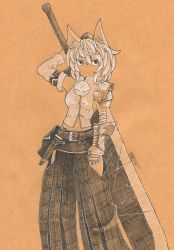 Rule 34 | 1girl, absurdres, animal ears, arm at side, arm up, armor, asymmetrical clothes, bandages, bandaged arm, bandages, bare shoulders, belt, belt pouch, breasts, clenched hand, cowboy shot, detached sleeves, gauntlets, hand on sword, hat, high collar, highres, hip vent, holding sword, huge weapon, inubashiri momiji, knife, looking at viewer, midriff, navel, no tail, pants, pom pom (clothes), pouch, rintalo, serious, shoulder armor, sideboob, signature, single bare shoulder, single gauntlet, single sleeve, single pauldron, solo, pauldrons, sword, sword behind back, tokin hat, touhou, vest, weapon, wolf ears