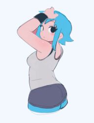 Rule 34 | 1girl, ass, bare shoulders, black eyes, breasts, brown shirt, cropped legs, from side, green hair, highres, medium breasts, nimo (b45ui), ramona flowers, scott pilgrim (series), shiny skin, shirt, short hair, shorts, simple background, smile, solo, white background