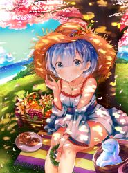 Rule 34 | 10s, 1girl, animal, bad id, bad pixiv id, bare shoulders, blue dress, blue eyes, blue hair, blue sky, blush, bread, breasts, cherry tomato, cleavage, closed mouth, cloud, collarbone, commentary request, dappled sunlight, day, detached sleeves, dress, flower, food, fruit, grapes, grass, hair between eyes, hair ornament, hairclip, hat, hat flower, highres, holding, horizon, long sleeves, looking at viewer, melings (aot2846), ocean, orange flower, outdoors, petals, plate, rabbit, re:zero kara hajimeru isekai seikatsu, rem (re:zero), short hair, sitting, sky, sleeveless, sleeveless dress, smile, solo, straw hat, sunlight, tomato, tree, water, white flower, wide sleeves, x hair ornament, yellow flower