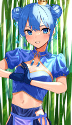 Rule 34 | 1girl, alternate costume, bamboo, bamboo forest, blue eyes, blue gloves, blue hair, blue ribbon, blush, chinese clothes, cleavage cutout, clothing cutout, crop top, crown, double bun, fist in hand, flat chest, forest, gloves, gold trim, grin, hair bun, hair ornament, hair ribbon, hair tassel, highres, hololive, hoshimachi suisei, looking at viewer, mini crown, nature, navel, puffy short sleeves, puffy sleeves, ribbon, short sleeves, smile, solo, stomach, tassel, tassel hair ornament, uuroncha, virtual youtuber