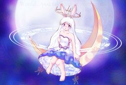 Rule 34 | 1girl, animal ears, aura, barefoot, blue ribbon, blush, commentary request, dress, english text, full body, full moon, halo, highres, kittenup, long hair, looking at viewer, medium bangs, moon, on crescent, open mouth, purple eyes, purple sky, rabbit and steel, rabbit ears, rabbit girl, rabbit of the moon shira, ribbon, sitting, sky, solo, strapless, strapless dress, very long hair, white dress, white hair, yellow halo
