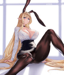 Rule 34 | 1girl, absurdres, animal ears, arm support, artist request, ass, black choker, black skirt, blonde hair, blue eyes, breasts, brown pantyhose, cameltoe, check artist, choker, cleavage, cleft of venus, closed mouth, covered erect nipples, expressionless, hair intakes, high-waist skirt, highres, kkam-sang, knee up, large breasts, legs, long hair, long sleeves, looking at viewer, miniskirt, no bra, original, pantyhose, pencil skirt, pointy ears, rabbit ears, rabii, second-party source, shirt, shirt tucked in, side slit, sitting, skirt, solo, thighs, very long hair, white shirt