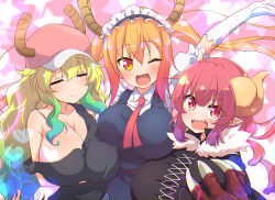 Rule 34 | 3girls, :d, ;d, arm up, blonde hair, breasts, claws, cleavage, closed mouth, commentary request, dragon girl, dragon horns, fur trim, gloves, hat, highres, horns, huge breasts, ilulu (maidragon), kobayashi-san chi no maidragon, large breasts, long hair, looking at viewer, lucoa (maidragon), maid, maid headdress, multiple girls, off shoulder, one eye closed, open mouth, orange eyes, orange hair, pink headwear, pointy ears, red eyes, red hair, red neckwear, sharp teeth, slit pupils, smile, sw (taco), teeth, tohru (maidragon), twintails, upper body, white gloves