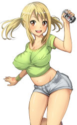 Rule 34 | 1girl, blonde hair, breasts, fairy tail, female focus, hazukashi goddamns, highres, large breasts, lucy heartfilia, simple background, soda, solo, tagme