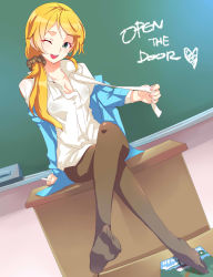 Rule 34 | 1girl, ;d, absurdres, black pantyhose, blonde hair, blush, board eraser, breasts, brown pantyhose, ceda (dace), chalk, chalkboard, chalkboard writing, classroom, cleavage, crossed legs, desk, dutch angle, ellen baker, english text, facing viewer, feet, green eyes, hair ornament, hair over shoulder, hair scrunchie, highres, indoors, long hair, looking at viewer, medium breasts, new horizon, no pants, no shoes, on desk, one eye closed, open mouth, pantyhose, podium, ponytail, school, scrunchie, sitting, on desk, sketch, smile, solo, teacher, textbook, undressing, wink