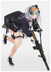 Rule 34 | 1girl, assault rifle, bag, bare legs, blue hair, girls&#039; frontline, gloves, green eyes, grey background, gun, h&amp;k hk416, hair ribbon, hairband, highres, hk416 (girls&#039; frontline), hk416 (mod3) (girls&#039; frontline), jacket, long hair, looking at viewer, multicolored clothes, multicolored gloves, official alternate costume, open mouth, ribbon, rifle, running, shoes, solo, sutekina awa, weapon, weapon bag, white background