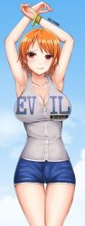 Rule 34 | 1girl, armpits, breasts, cleavage, day, female focus, highres, large breasts, legs together, nami (one piece), official alternate costume, one piece, orange hair, presenting armpit, red eyes, short hair, short shorts, shorts, sky, solo, standing, thigh gap, tongue, tongue out, warachia